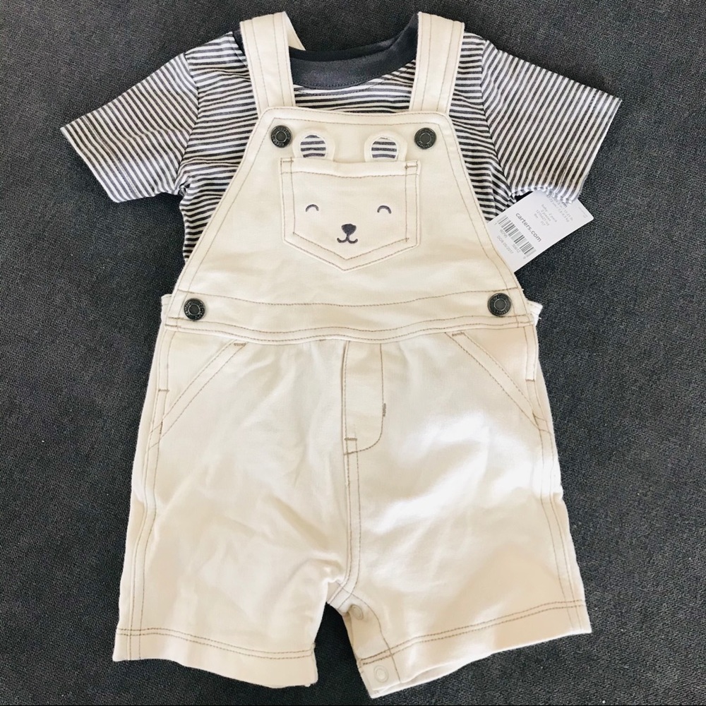 Carters 9m Overalls Shorts Cream Bear Gray T-Shirt
